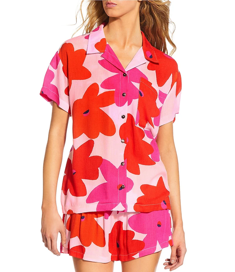 GB Oversize Large Floral Print Button Up Shirt Swim Cover-Up