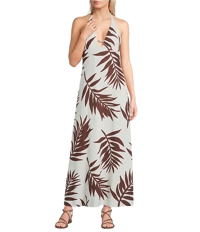 GB Palm Leaf Linen Blend Print Halter Beaded Maxi Dress