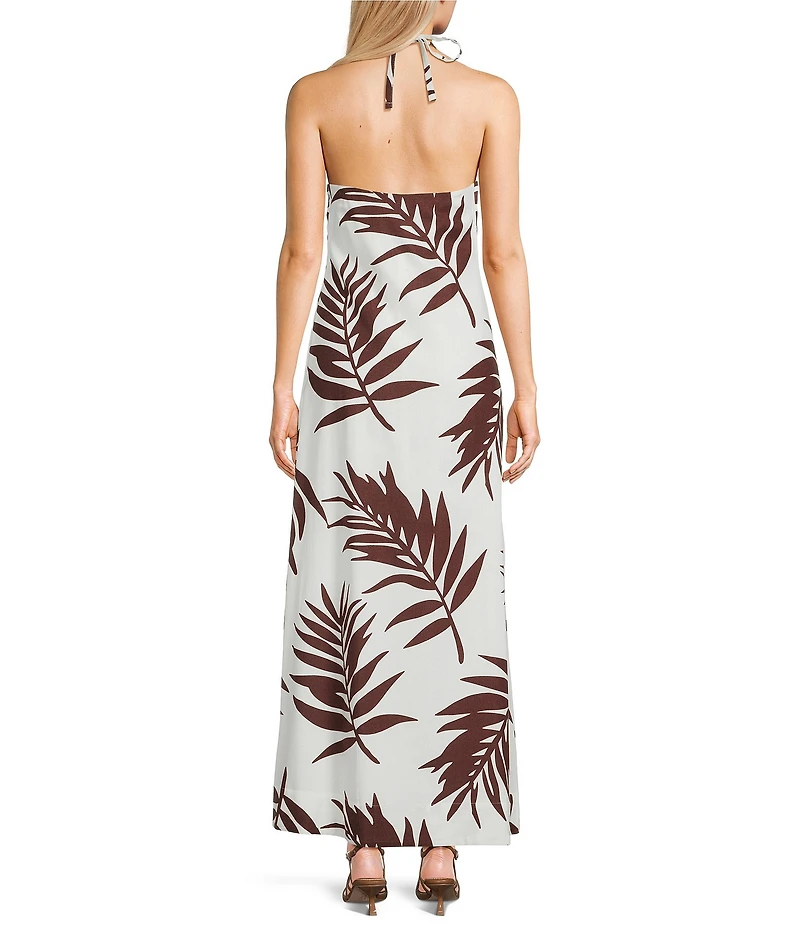 GB Palm Leaf Linen Blend Print Halter Beaded Maxi Dress