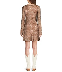 GB Printed Long Sleeve Deer Print Satin Mini Dress