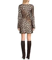 GB Printed Long Sleeve Leopard Print Satin Mini Dress