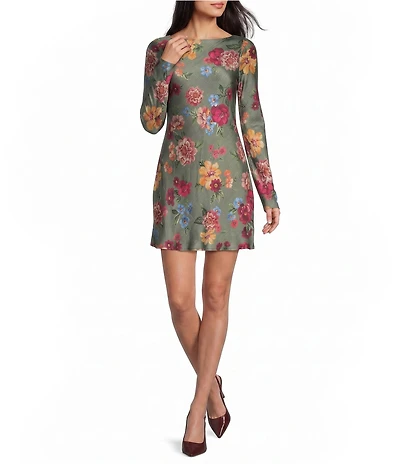 GB Printed Long Sleeve Satin Mini Dress