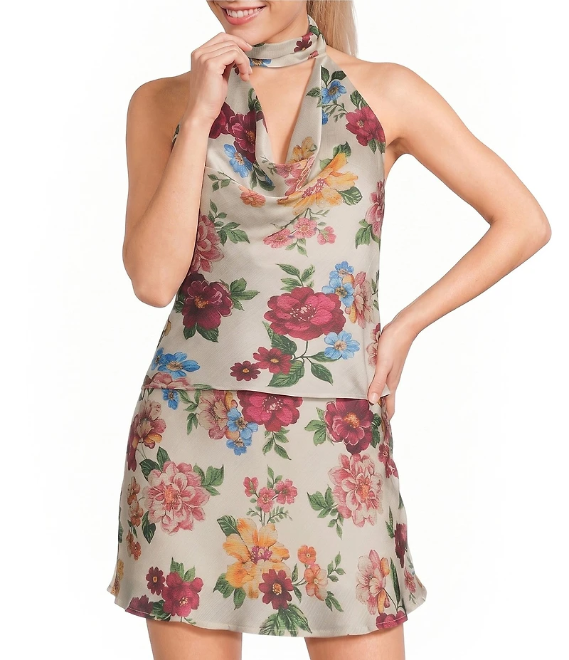 GB Printed Satin Cowl Neck Coordinating Halter Top