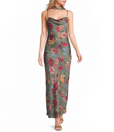 GB Printed Scarf Cowl Neck Maxi Dress
