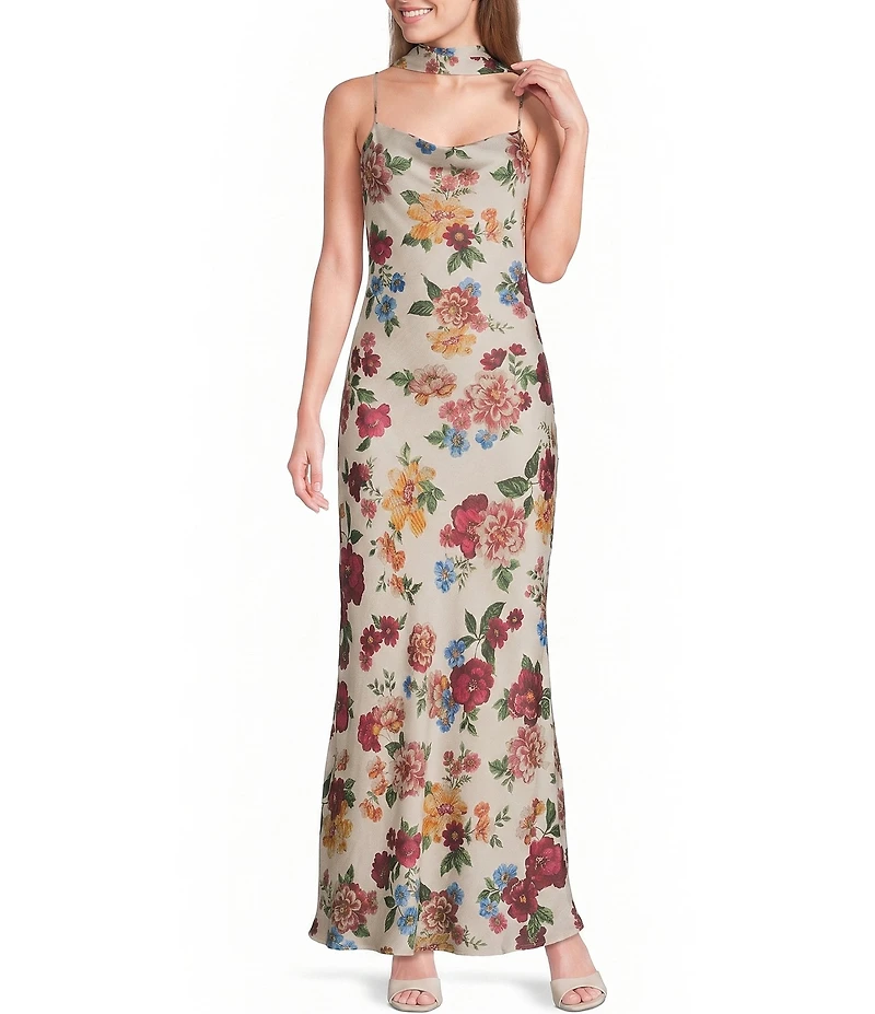 GB Printed Scarf Cowl Neck Maxi Dress