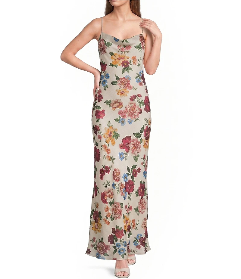 GB Printed Scarf Cowl Neck Maxi Dress