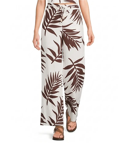 GB Cordinating Palm Leaf Print Tie Front Wide Leg Linen Pants