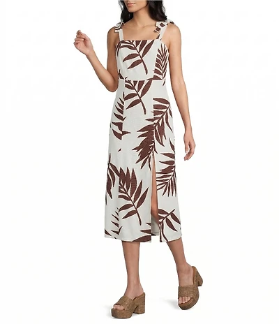 GB Printed Tie Shoulder Linen Blend Midi Dress