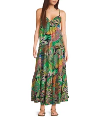 GB Leaf Print V-Neck Tie-Back Tiered Maxi Dress