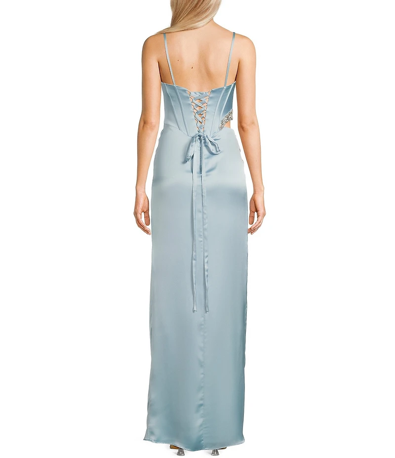 GB Satin Cutout Bejeweled Dress