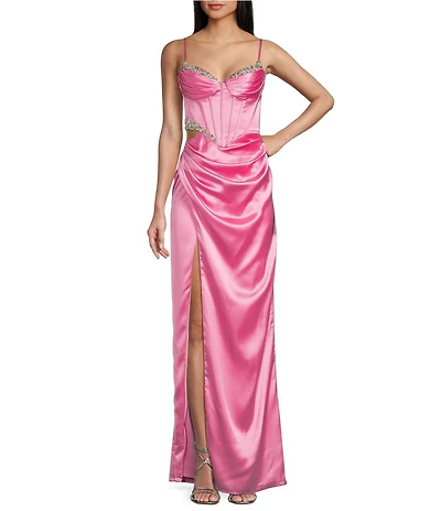 GB Satin Cutout Bejeweled Dress