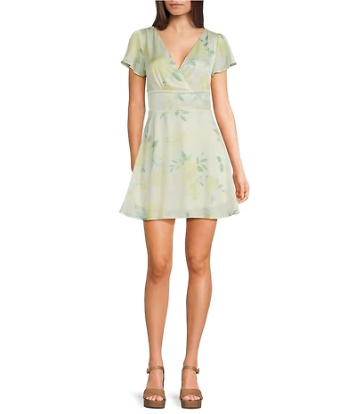 GB Satin Floral Print Short Sleeve V-Neck Blouson Mini Dress
