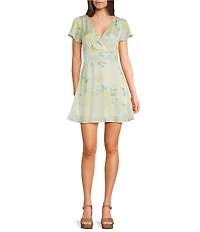 GB Satin Floral Print Short Sleeve V-Neck Blouson Mini Dress