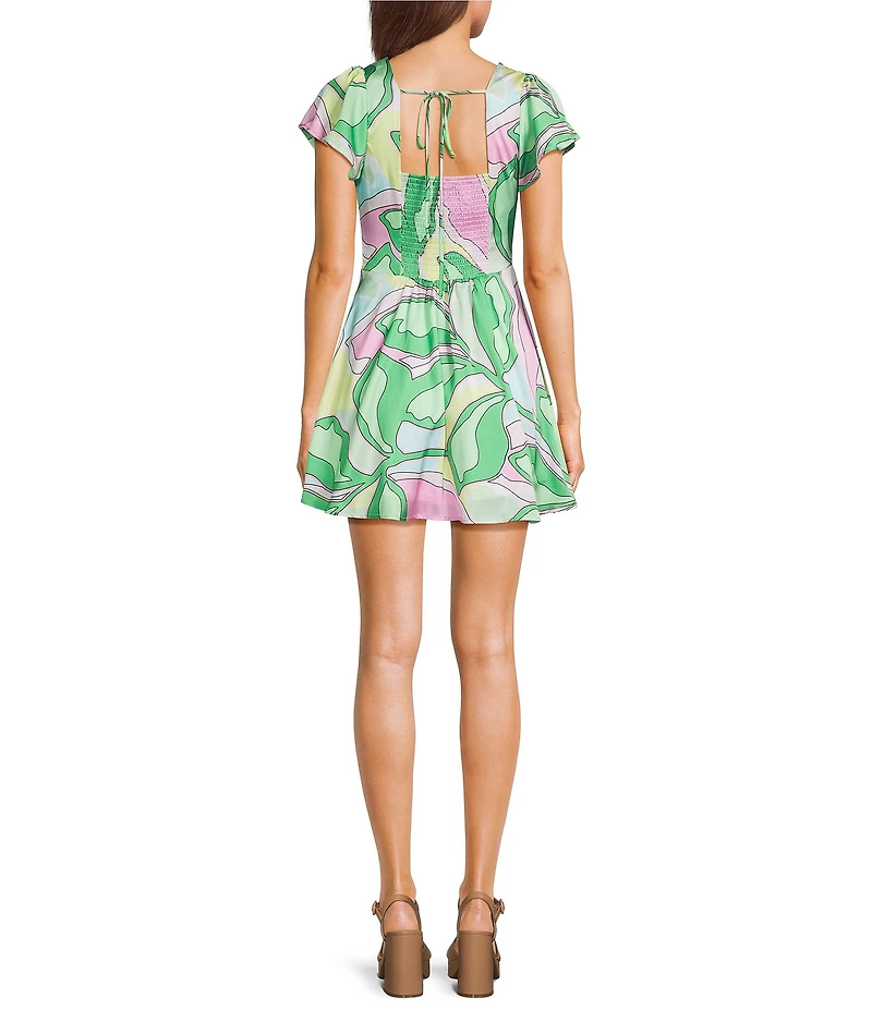 GB Satin Floral Print Short Sleeve V-Neck Blouson Mini Dress
