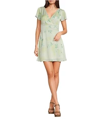 GB Satin Floral Print Short Sleeve V-Neck Blouson Mini Dress
