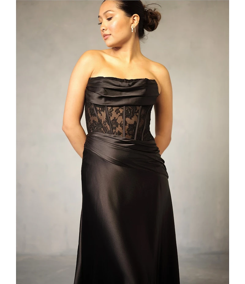 GB Satin Lace Corset Drape Full Length Prom Dress