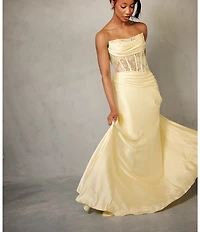 GB Satin Lace Corset Drape Full Length Prom Dress