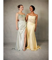 GB Satin Lace Corset Drape Full Length Prom Dress