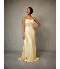 GB Satin Lace Corset Drape Full Length Prom Dress
