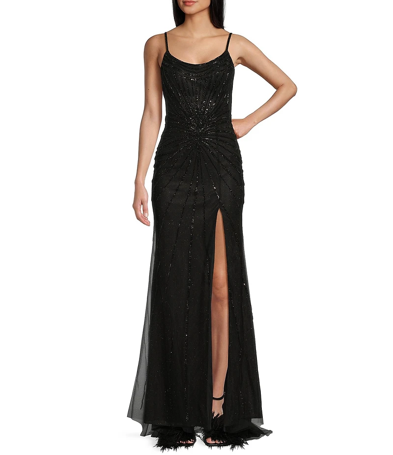 GB Sleeveless Scoop Neck Illusion Back Slit Hem Beaded Glitter Long Dress