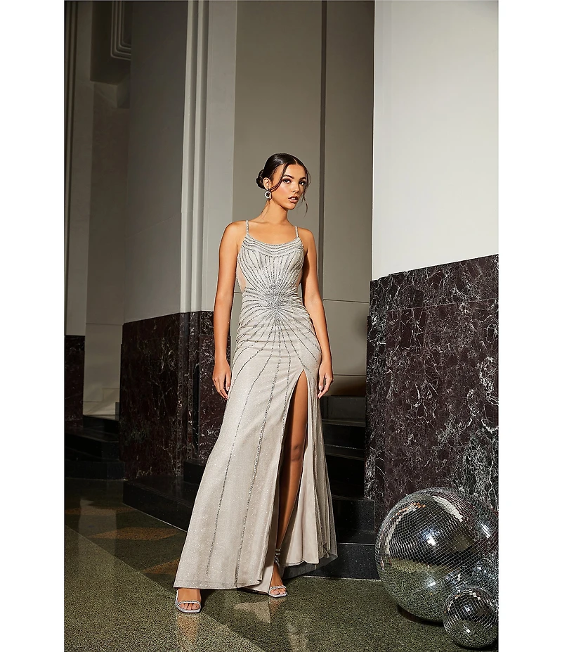 GB Sleeveless Scoop Neck Illusion Back Slit Hem Beaded Glitter Long Dress