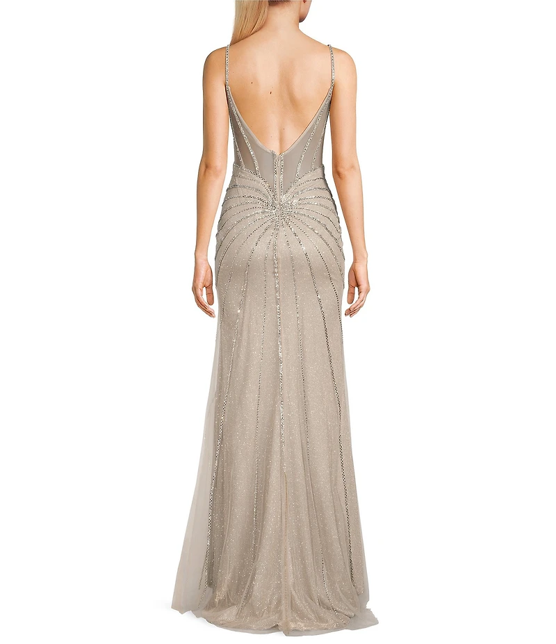 GB Sleeveless Scoop Neck Illusion Back Slit Hem Beaded Glitter Long Dress