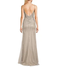 GB Sleeveless Scoop Neck Illusion Back Slit Hem Beaded Glitter Long Dress