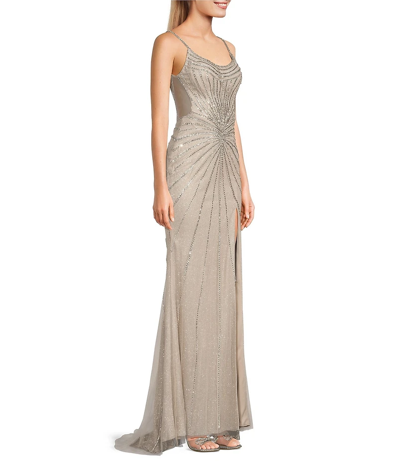 GB Sleeveless Scoop Neck Illusion Back Slit Hem Beaded Glitter Long Dress
