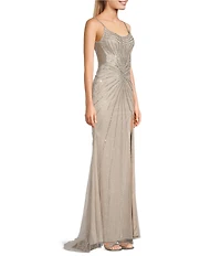 GB Sleeveless Scoop Neck Illusion Back Slit Hem Beaded Glitter Long Dress