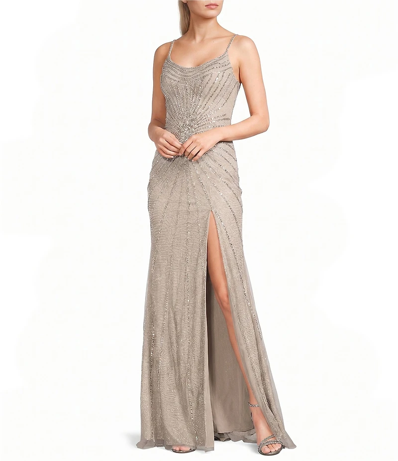 GB Sleeveless Scoop Neck Illusion Back Slit Hem Beaded Glitter Long Dress