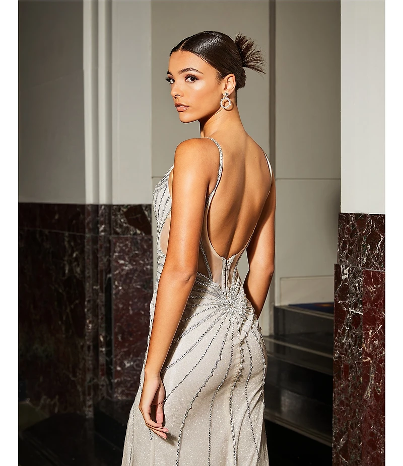 GB Sleeveless Scoop Neck Illusion Back Slit Hem Beaded Glitter Long Dress