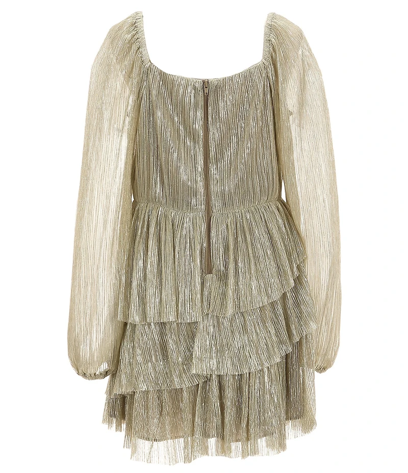 GB Social Big Girls Long Sleeve Pleated Metallic Lurex Dress