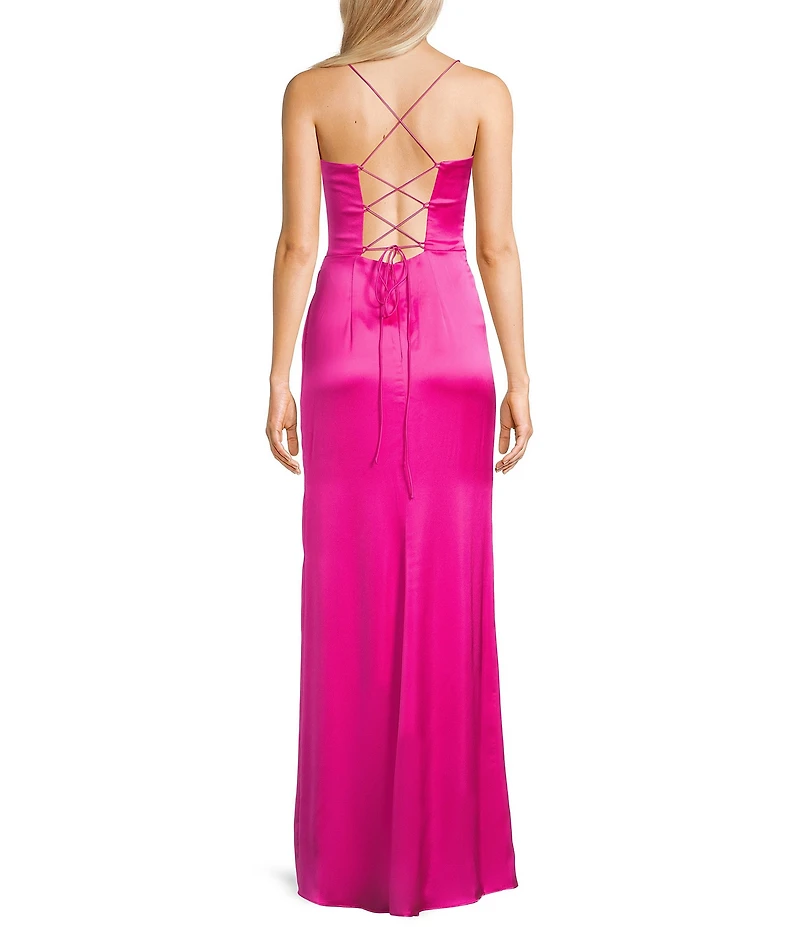 GB Social Corset Cowl Neck Lace-Up Back Slit Hem Satin Long Dress