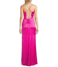GB Social Corset Cowl Neck Lace-Up Back Slit Hem Satin Long Dress