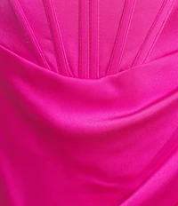GB Social Corset Cowl Neck Lace-Up Back Slit Hem Satin Long Dress