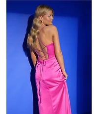 GB Social Corset Cowl Neck Lace-Up Back Slit Hem Satin Long Dress