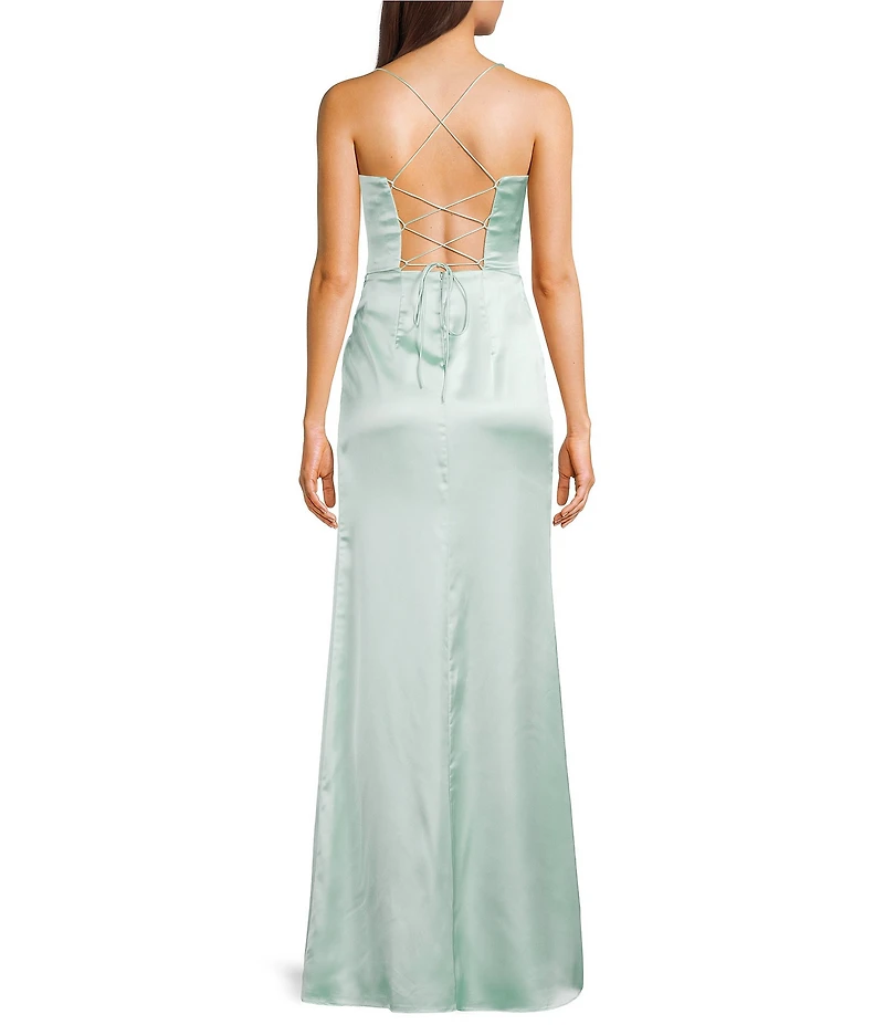 GB Social Corset Cowl Neck Lace-Up Back Slit Hem Satin Long Dress