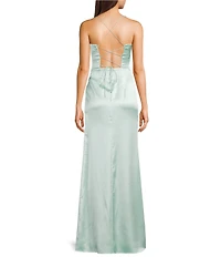 GB Social Corset Cowl Neck Lace-Up Back Slit Hem Satin Long Dress