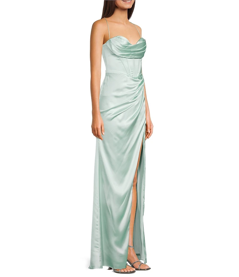 GB Social Corset Cowl Neck Lace-Up Back Slit Hem Satin Long Dress