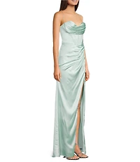 GB Social Corset Cowl Neck Lace-Up Back Slit Hem Satin Long Dress