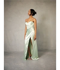 GB Social Corset Cowl Neck Lace-Up Back Slit Hem Satin Long Dress