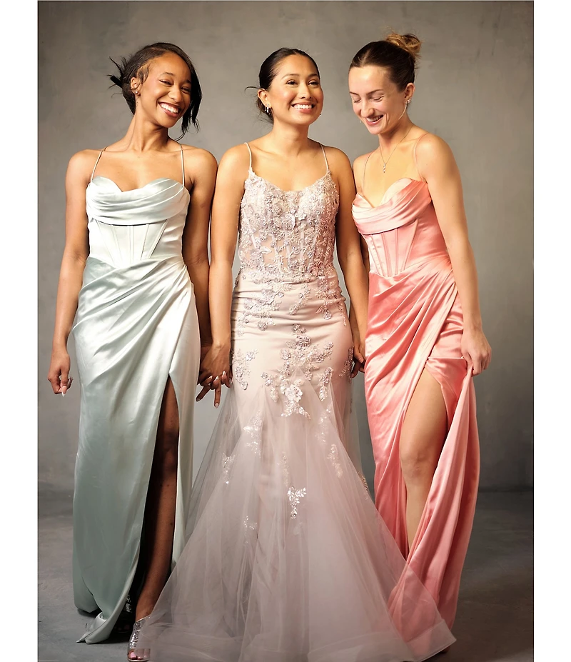 GB Social Corset Cowl Neck Lace-Up Back Slit Hem Satin Long Dress