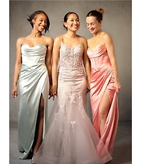 GB Social Corset Cowl Neck Lace-Up Back Slit Hem Satin Long Dress