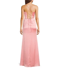 GB Social Corset Cowl Neck Lace-Up Back Slit Hem Satin Long Dress