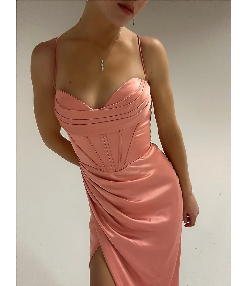 GB Social Corset Cowl Neck Lace-Up Back Slit Hem Satin Long Dress