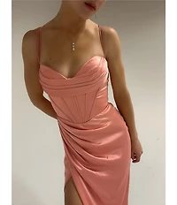 GB Social Corset Cowl Neck Lace-Up Back Slit Hem Satin Long Dress