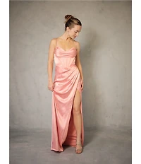 GB Social Corset Cowl Neck Lace-Up Back Slit Hem Satin Long Dress