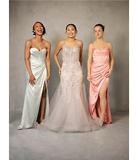 GB Social Corset Cowl Neck Lace-Up Back Slit Hem Satin Long Dress