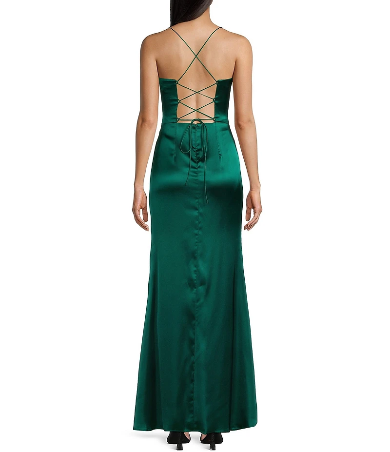 GB Social Corset Cowl Neck Lace-Up Back Slit Hem Satin Long Dress