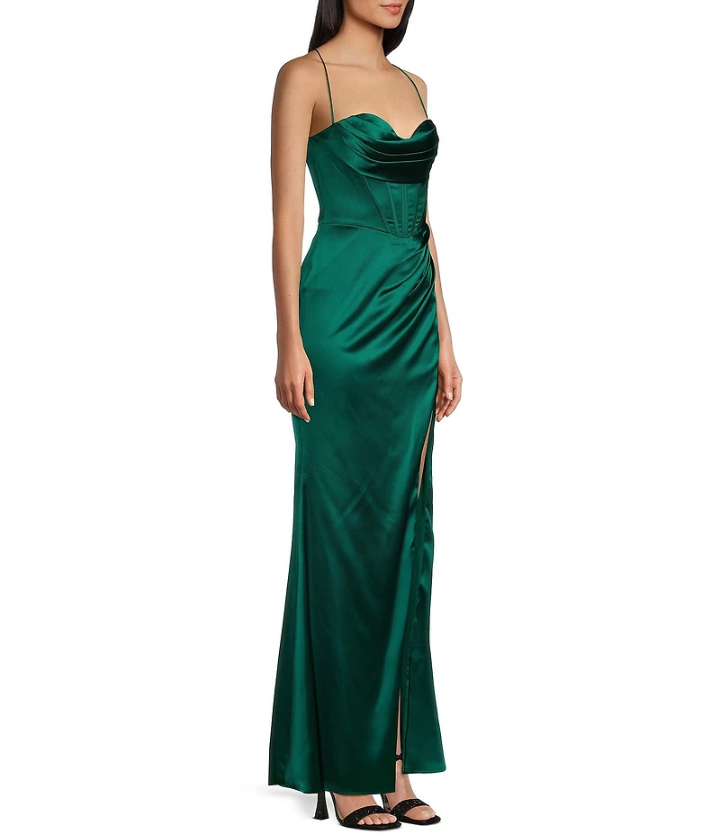 GB Social Corset Cowl Neck Lace-Up Back Slit Hem Satin Long Dress